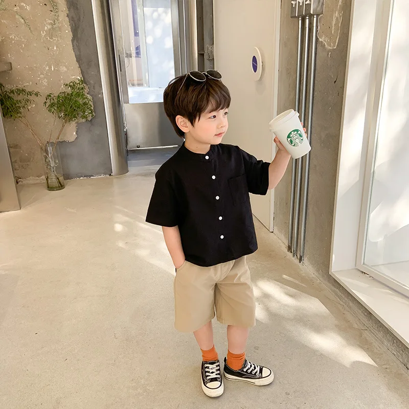 

Summer baby boys solid color thin short sleeve shirts Japanese style loose casual all-match Tops