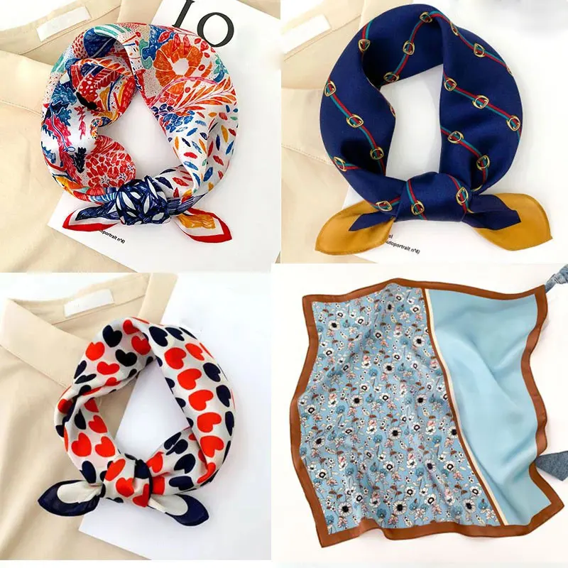 

100% Pure Silk Scarf Women Neck Hair Band Foulard Square Small Headband 2021 Fashion Print Neckerchief Scarves Bandana 53*53cm