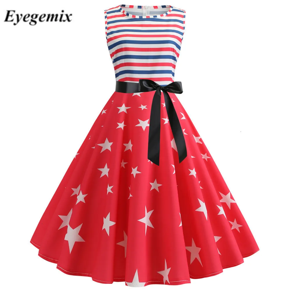 Fashion Summer Dress 2019 Robe Femme O-neck Stars Striped Printed Pinup Vintage 50s 60s Rockabilly Party Dresses Knee Length |