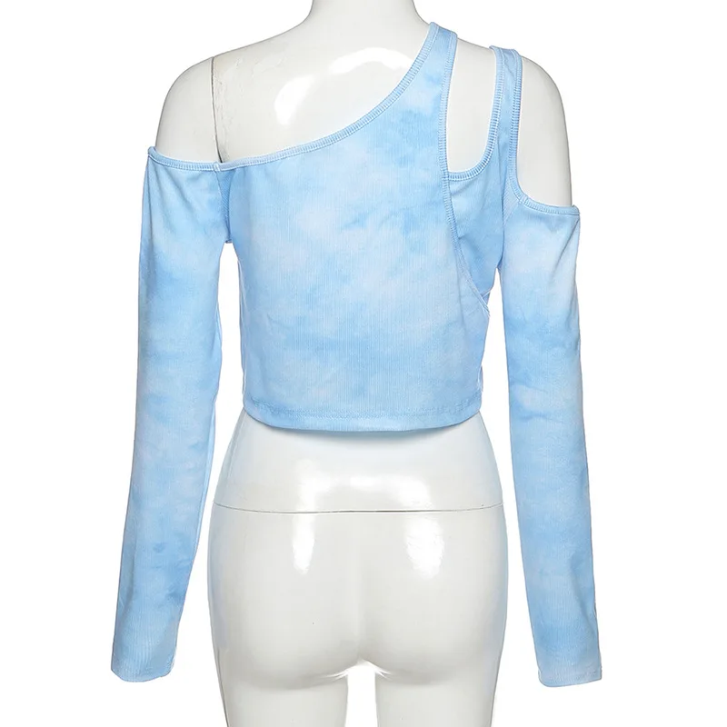 

Autumn fashion tie-dye printing Skew collar long-sleeve T-shirt women
