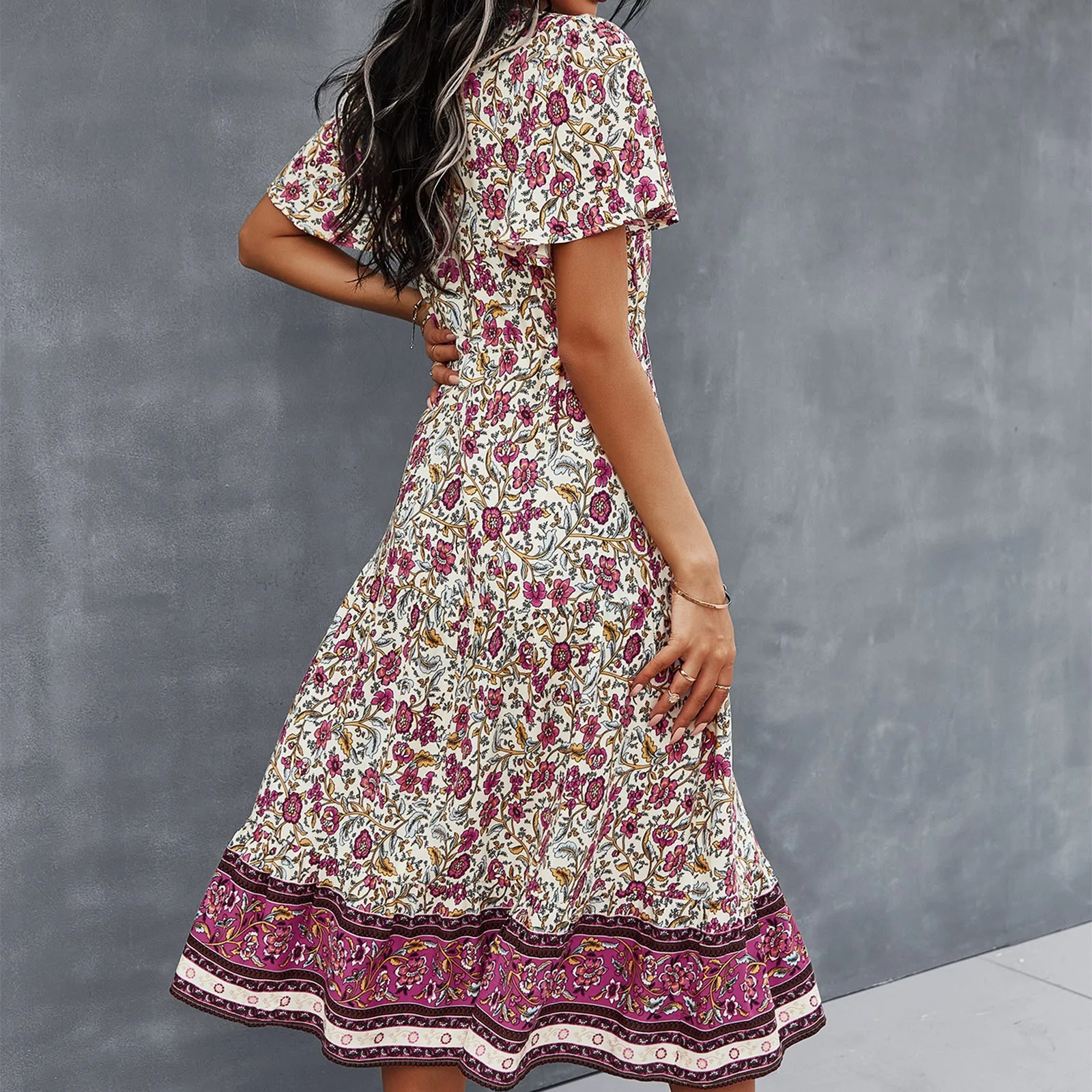 

Women Chiffon Long Dress 2021 Summer Deep V-Neck Retro Floral Print Female Dresses Elegant Beach Party Ladies Midi Dresses