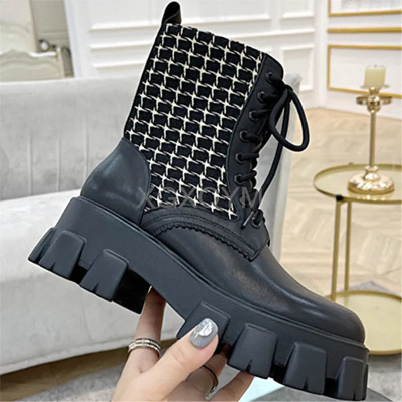 spesifikasi Sepatu Bot Martin Platform Musim Gugur Musim Dingin Desainer Mewah Sepatu Bot Pergelangan Kaki Hitam Berenda Wanita Sepatu Bot Pendek Antiselip Kulit Asli Wanita