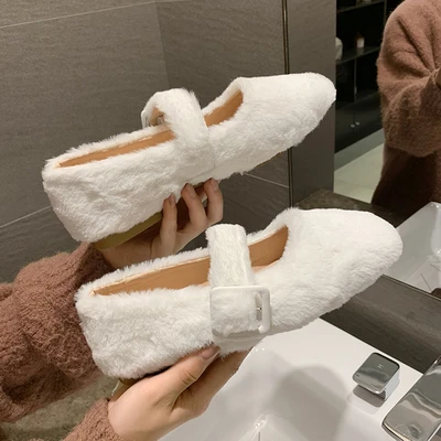 Белый EOEODOIT Autumn Ballet Flats Shoes Casual Fur Shoes Square Toe Retro Fashion Women Lady Elegance Flat Heel Shoes - Цвет: Белый
