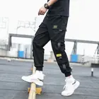 Мужские брюки-карго с боковыми карманами, черные повседневные мужские джоггеры с лентами 2020 в стиле хип-хоп, брюки, модная повседневная Уличная одежда