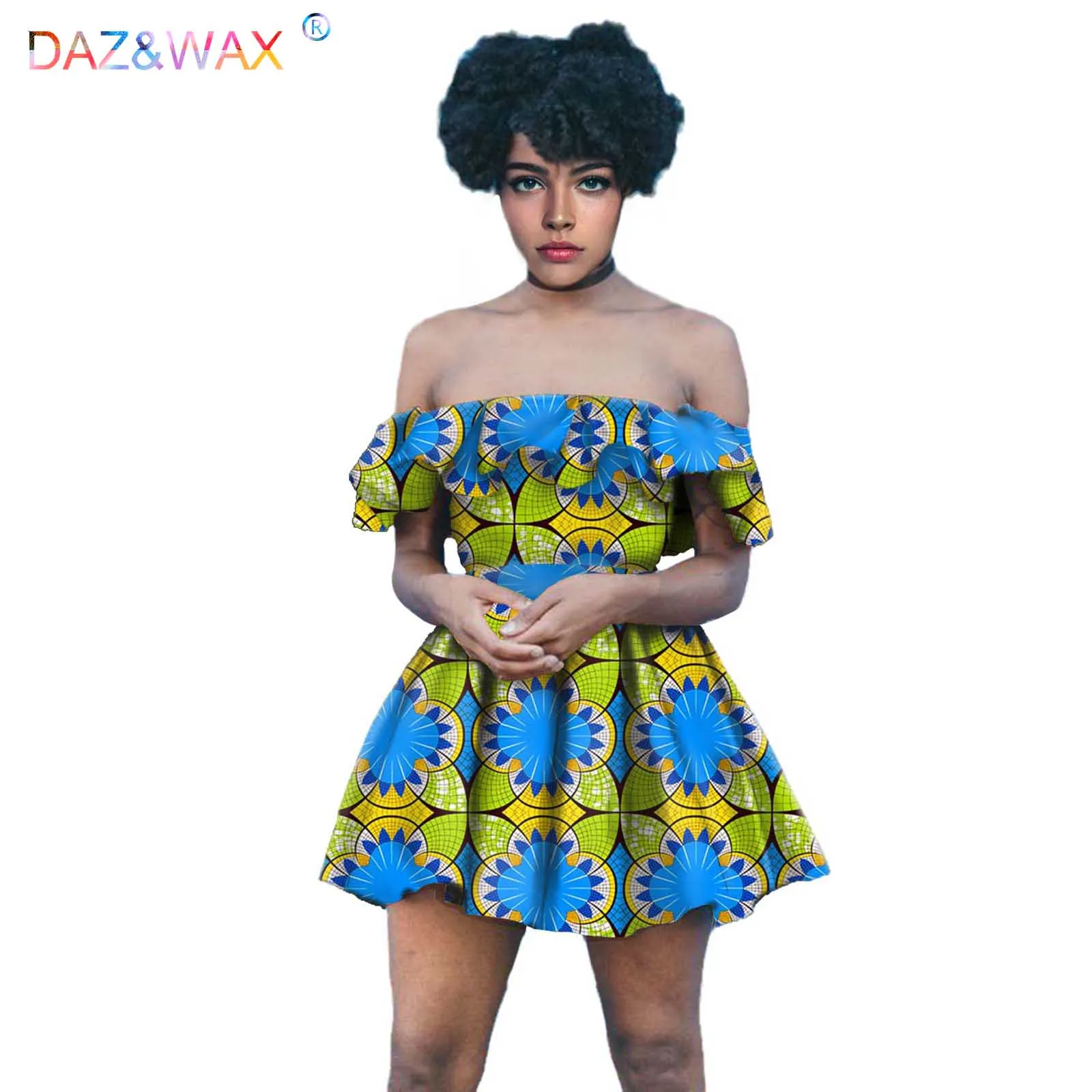 

African Sexy Dress for Women Off Shoulder Retro Floral Print Female Robe Vestidos Attire Street Wear Ankra 100%Cotton V2117003
