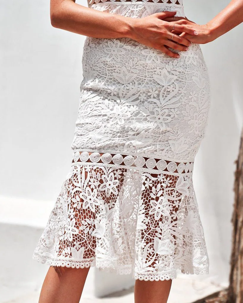 Белое из плетенного кружева одно плечо женское платье элегантные вечерние