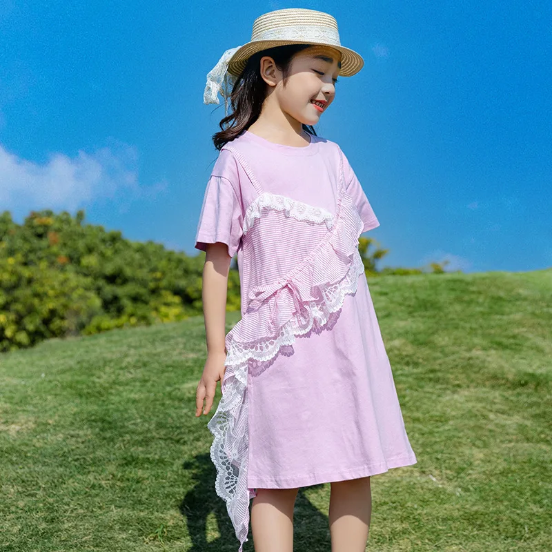 

2021 Summer Dress Elegant Striped Lace O-Neck Princess Costume Kids Dresses for Girl Children's Clothing Girls Dress 4 -14 Years