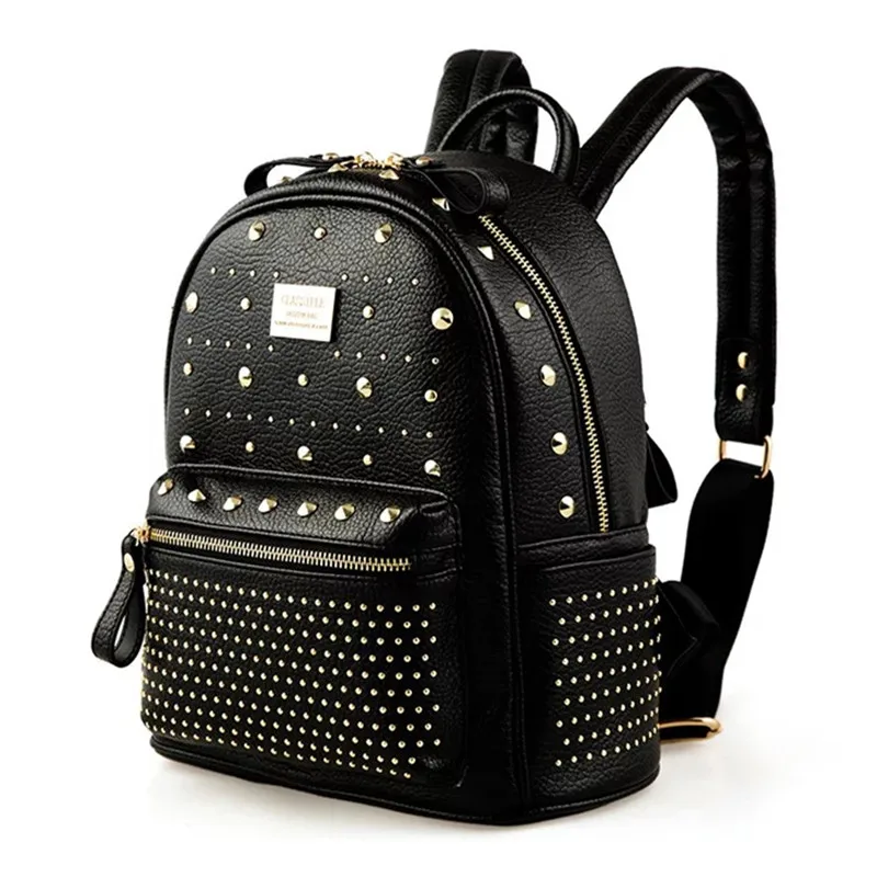 

2023 New Rivet Studded School Bags Women's Leather Backpack Girls Travel Backpacks Fashion Female Bag Bolsa Mochila