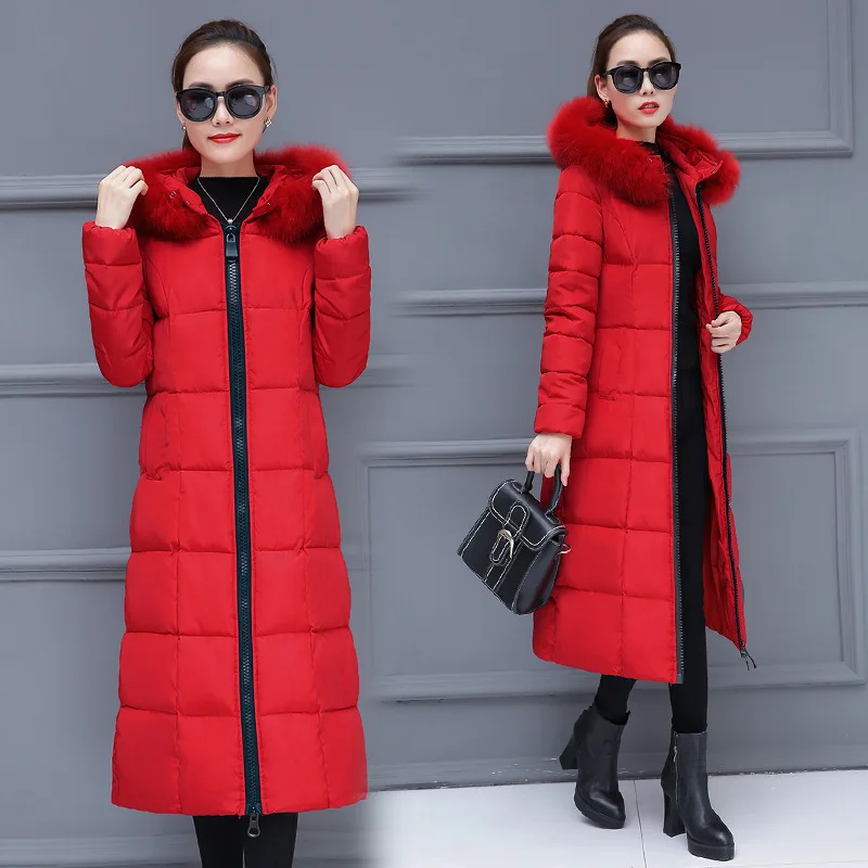 Свободное зимнее длинное пальто с меховым капюшоном для женщин парка Feminina
