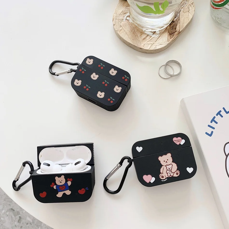 

Милый чехол для наушников с изображением медведя вишни для AirPods, чехол для наушников с изображением сердца и медведя из мультфильма, мягкий ...
