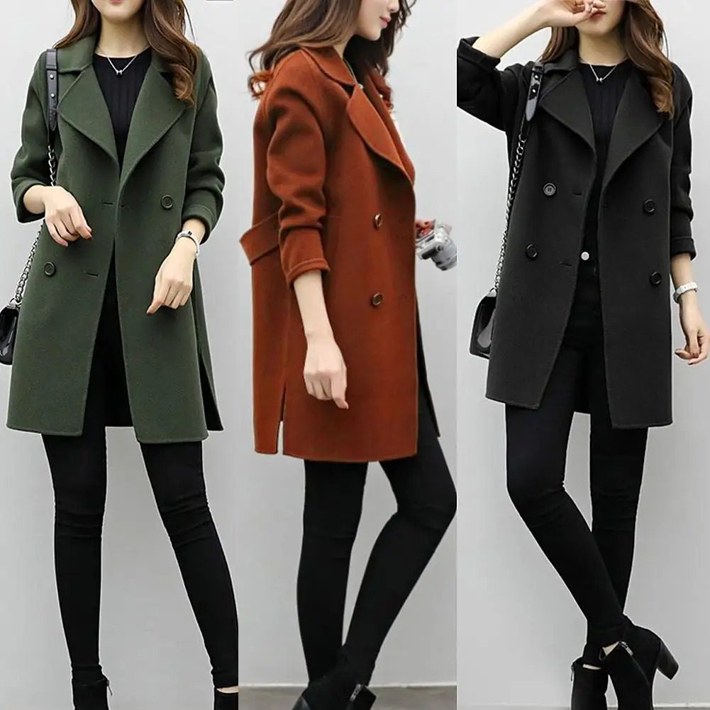Coat Women Autumn Winter Jackets Solid Color Lapel Double-breasted Woolen Midi Trench Loose Long Sleeve Jacket Warm Keeping | Женская