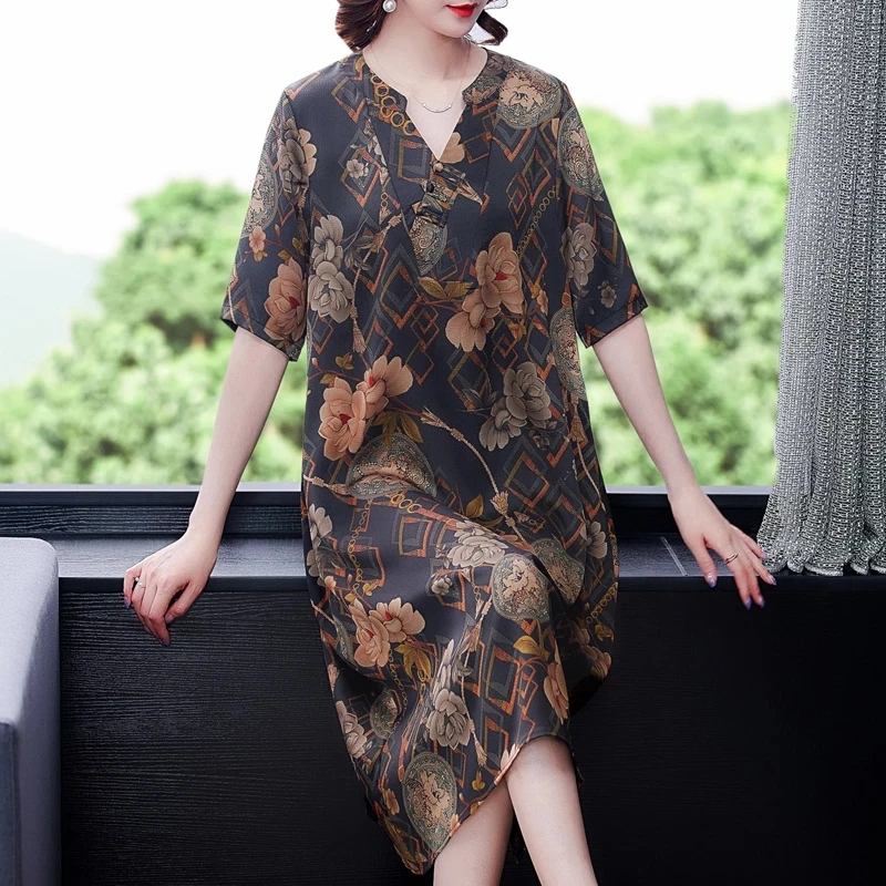 

Summer Loose Print Mulberry Silk Midi Dress 2021 Casual Vintage L- 4XL Plus Size Short Sleeve Dress Elegant Women Vestidos