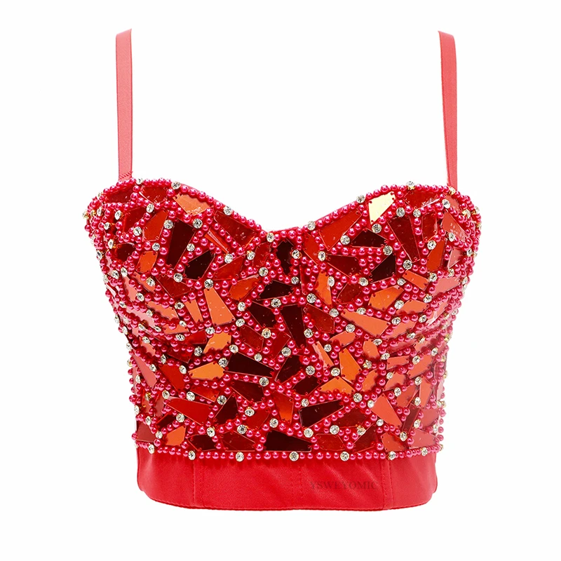 Women's Gold Silver Red Blue Sequin Cropped Tops Rhinestone Pearl Tank Top Glitter Sexy Bustier Tops Rave Festival Party Vest