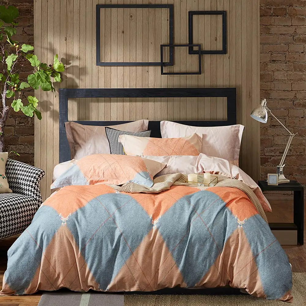 

Papa&Mima Orange Grey Plaids Brushed Sanding Cotton Bedding Set Printed Thick Linens Fitted Sheet Pillowcase Duvet Cover