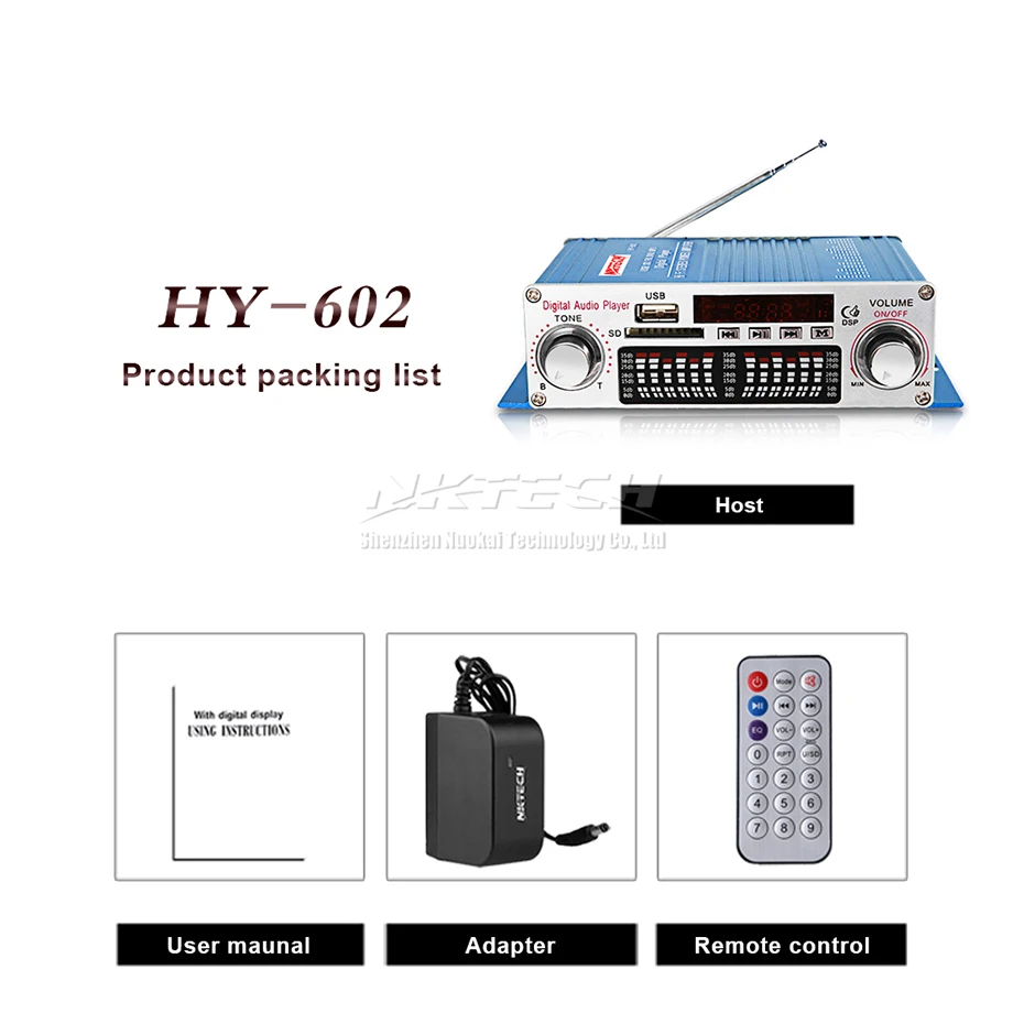 Blue-With-12V-3A NKTECH HY-602 Автомобильный цифровой плеер аудио усилитель мощности 2CH 20 Вт RMS DSP Hi-Fi стерео TF USB FM DVD MP3 ИК пульт дистанционного управления громкостью звука для дома - Цвет: Blue-With-12V-3A