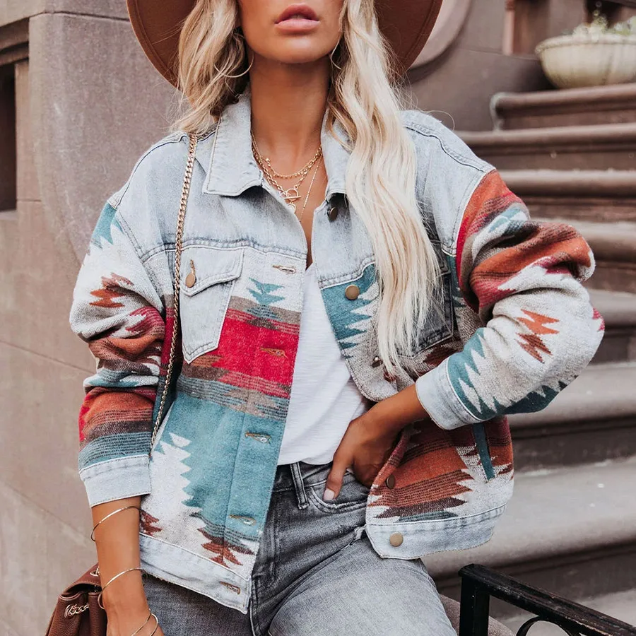 

Spring Retro 90s Woman Denim Jacket New Long Sleeves Lapel Loose Denim Stitching Jacket Female Fashion Denim Stitching Coat
