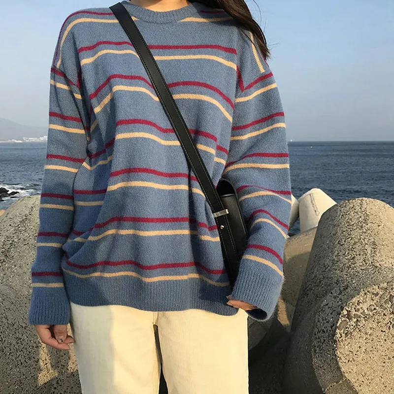 Fashion Stripe Women Sweaters Autumn Winter O Neck Pull Femme Pullovers Female Long Sleeve Loose Casual Knitted Sweater | Женская одежда