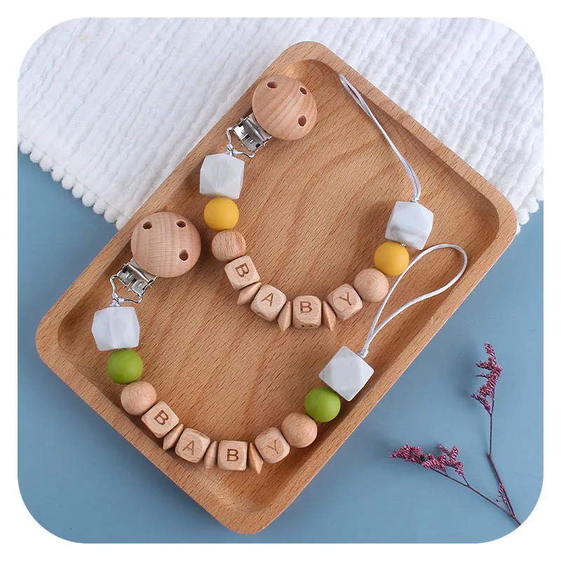 Coskiss de silicona DIY beb&eacute; Clip de madera para chupete y madera de haya alfabeto Cadena de chupete dentici&oacute;n del beb&eacute; suave juguetes de regalo-3