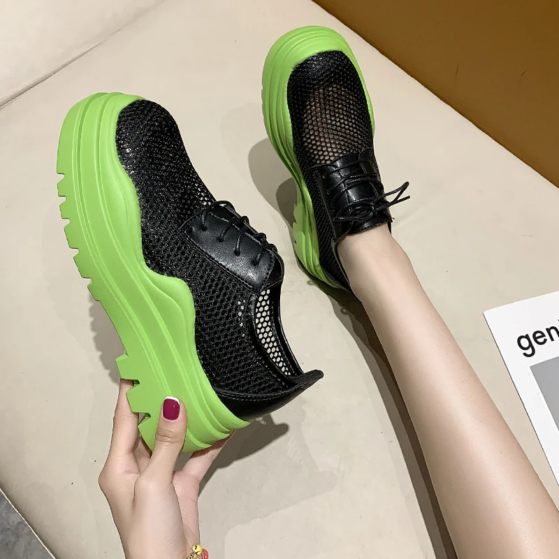 

Fashion Women Mesh Sneakers Summer Breathable Mesh Girls Platfrom Vulcanized Shoes Thick Sole Lace-up Lolita Shoes