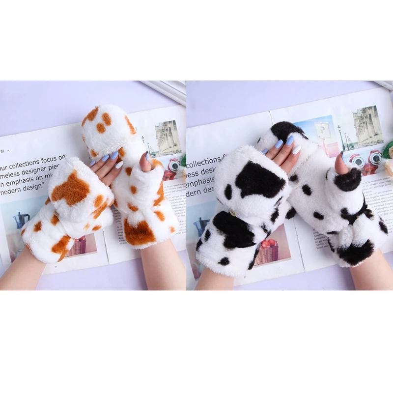 

Плюшевые перчатки унисекс, перчатки на полпальца с откидной крышкой, зимние варежки с мультяшными животными