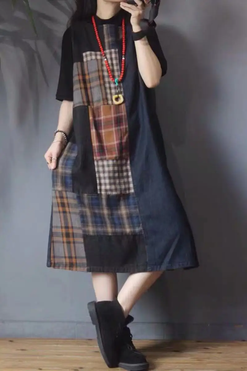 

Lady New Patchwork Plaid Denim Dress For Women 2020 Chinese Vintage Style Tank Dress Personality Dress