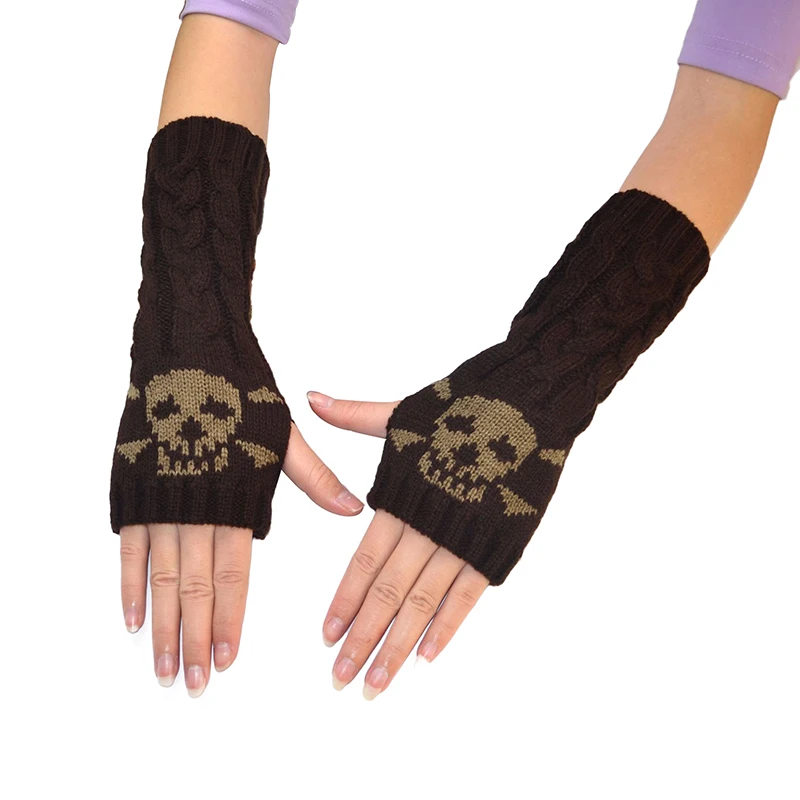 

Women Winter Wrist Arm Warmer Skull Knitted Long Fingerless Gloves Mitten Halloween Gloves Women's Knitted Sleeve
