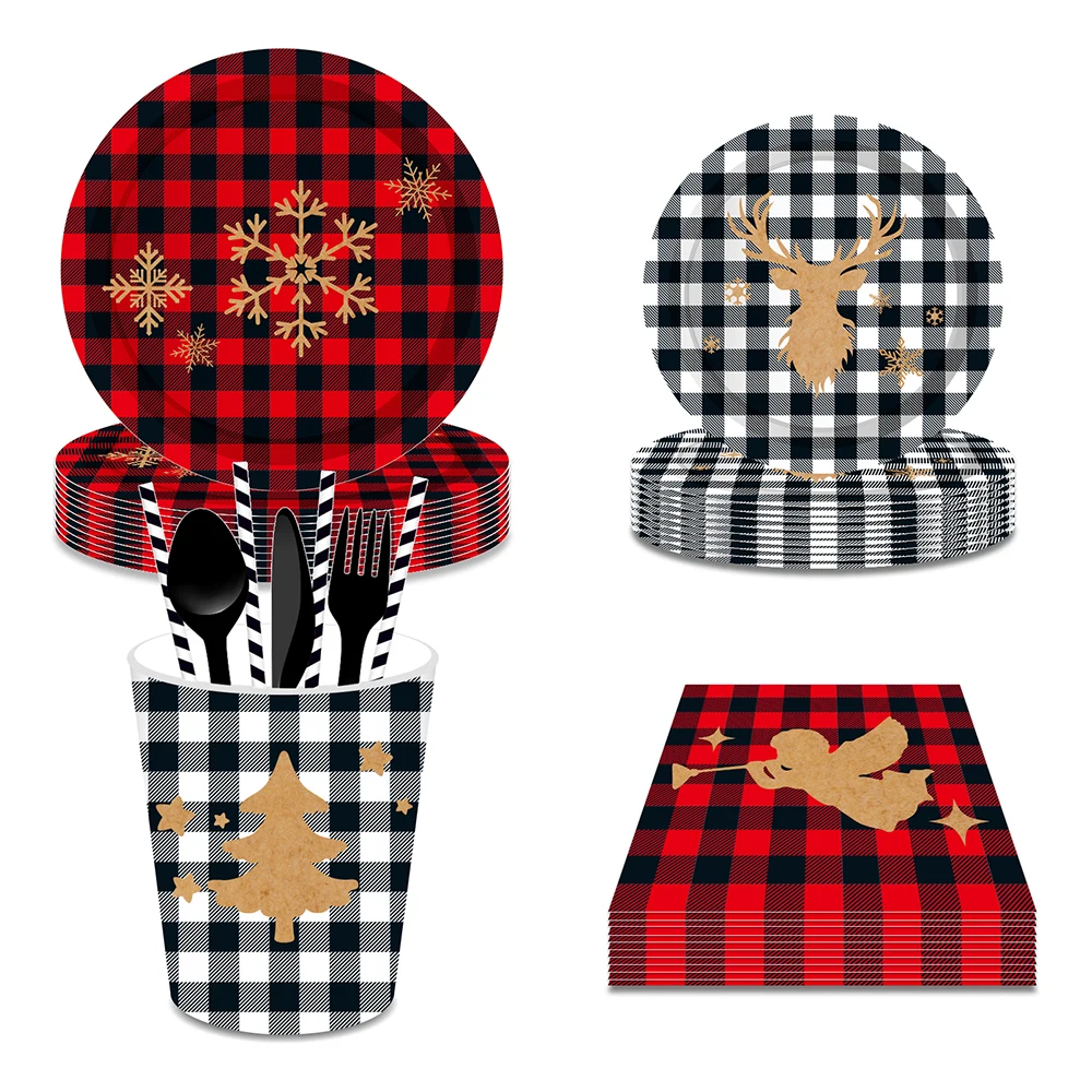 

8-Guests Lattice Lumberjack Deer Christmas Birthday Party Disposable Tableware Sets Paper Plates Cups Xmas Party Decorations