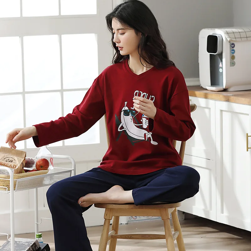 

Pajamas Ladies Spring 100% Cotton Long-Sleeved Korean Casual Wearable Autumn Winter Home Service Two-Piece Suit Pijama Mujer