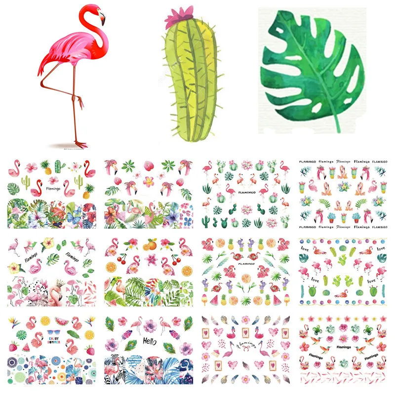 12 Designs Watermark Nail Art Decoration Water Decals Flower Flamingo Bird Rose Sticker Manicure Sliders Adhesive Tip BN913-924