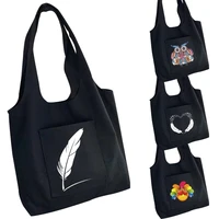 ladies shopping bag canvas bag student handbag feather print folding portable crossbody single shoulder large storage tote bag