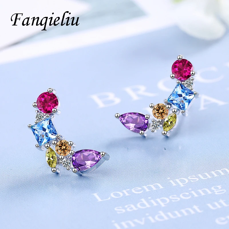 

Fanqieliu Mixed Color Crystal Natural 925 Sterling Silver Earrings Studs For Women Vintage Moon Stud Earrings Girl FQL21002