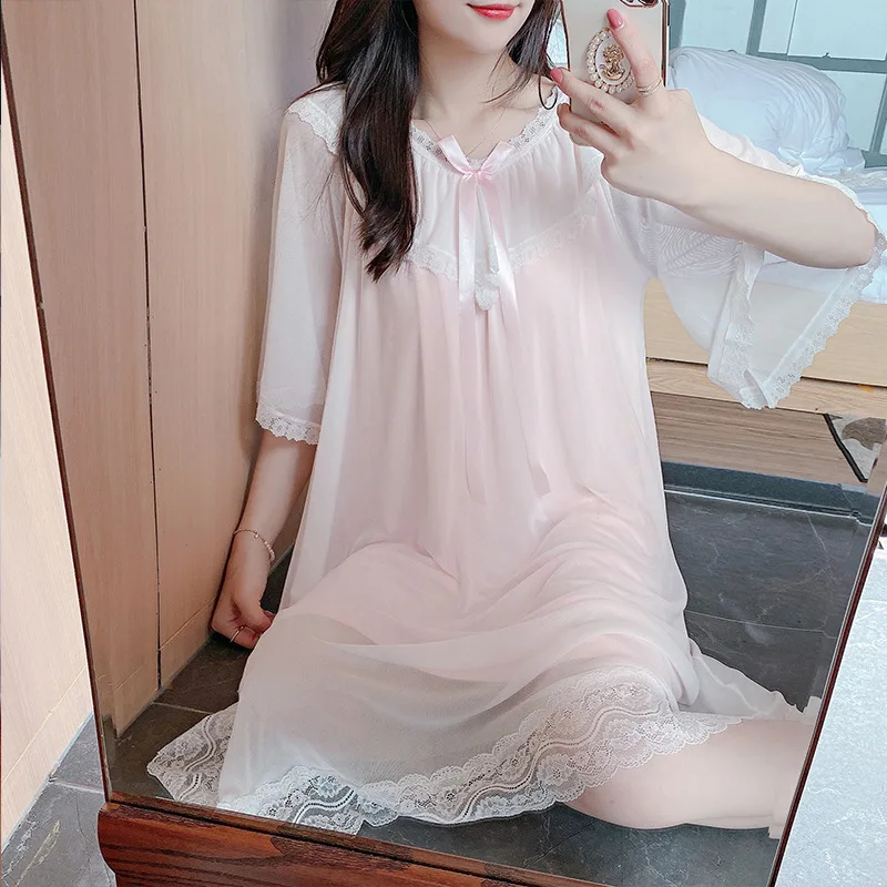 New Palace Style Nightdress Women's Summer Short Sleeve Korean Sexy Dress Lace Nightgown with Bra Home Skirt Lady Sleepwear