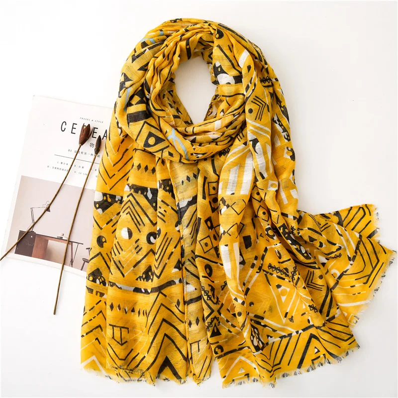 

2021 Autumn and winter Women's Cotton and linen beach Shawl yellow Fashion Print Tassels blanket scarf lady Seaside silk Scarf