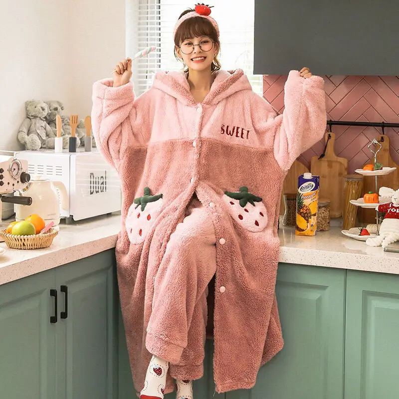 Pajamas Female Autumn and Winter Models Thickened Warm Facecloth Loose Coral Velvet Bathrobe Robe Female Winter Cute Home Wear