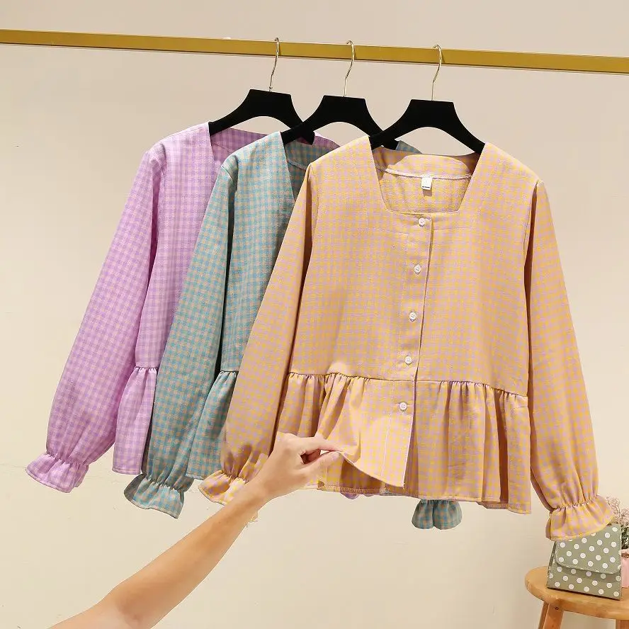 2021 женская обувь Сезон весна-осень Модные свободные рубашки в клетку женский с