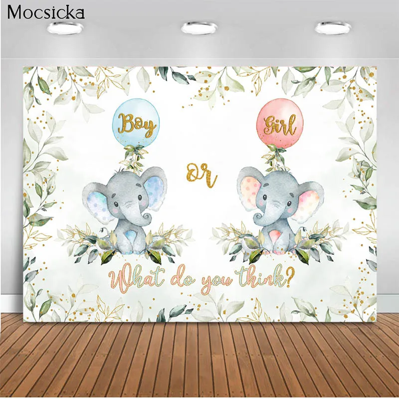 

MOCSICKA Gender Reveal Backdrop Boy or Girl Gender Surprise Baby Shower Party Decoration Banner Elephant Photography Background