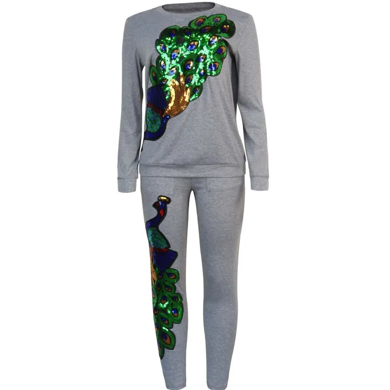 Осенний комплект из двух предметов топ с павлином и блестками спортивный костюм
