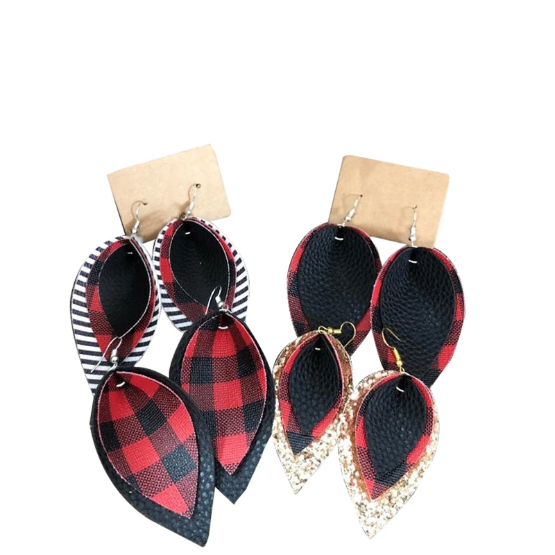 

New Doubles Buffalo Plaid Glitter Striped Printed Leather Teardrop Earrings Large Layered Leaf Earrings Valentine's Day Gifts