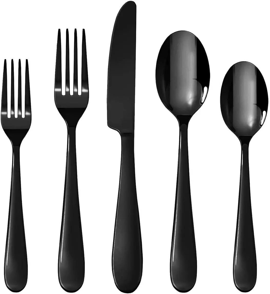 

Black silverware set 30 pieces of stainless steel mirror polished tableware, kitchen knife, fork and spoon, for 6 people