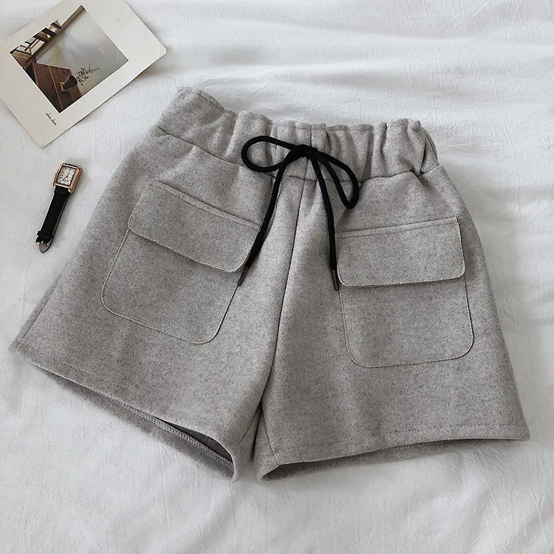 Зимние женские шорты с высокой талией свободные карманами шикарные двойными