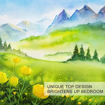 BlessLiving Spring Mountain Duvet Cover Watercolor Art Landscape Bedding Set 3pcs Green Yellow Floral Bedspreads Bedroom Decor 3