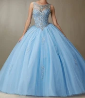sky blue cheap quinceanera dresses ball gown scoop tulle appliques beaded puffy sweet 16 dresses