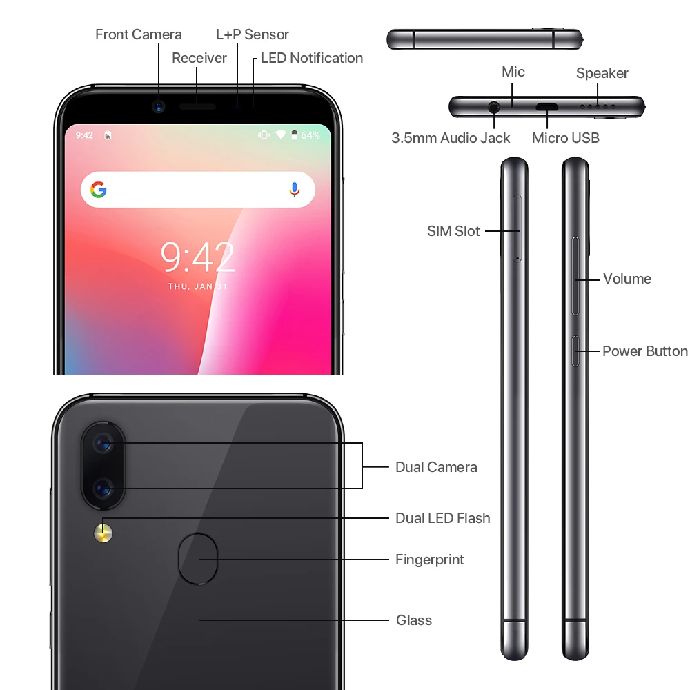 UMIDIGI A3, глобальная полоса, двойной, 4G, 5,5 дюйма, incell HD+ дисплей, 2 ГБ+ 16 ГБ, мобильный телефон, четырехъядерный, Android 9,0, разблокировка лица, смартфон 12 Мп+ 5 МП