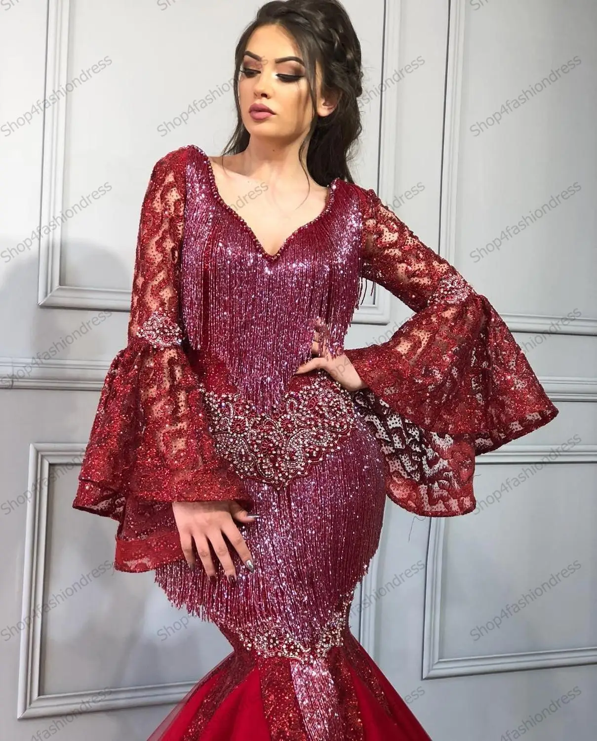 Shiny Beading Tassel Ruffles Mermaid Prom Gowns With Flare Sleeves Luxury Crystals Sequin Tulle Dubai Saudi Arabia Prom Gowns