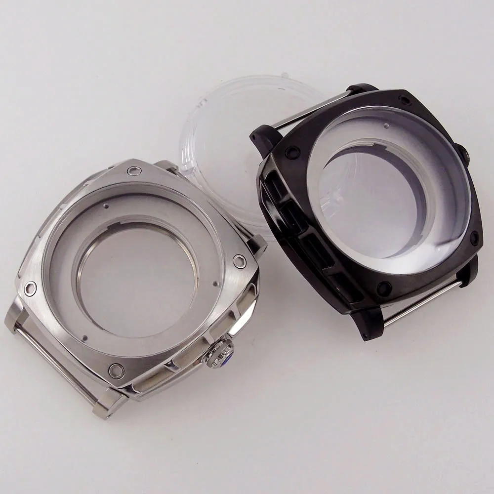 

fit MIYOTA 8219 Silver/Black PVD Coated Square 47.5mm Watch Case Seeing glass Back Sapphire Crystal 10ATM Waterproof