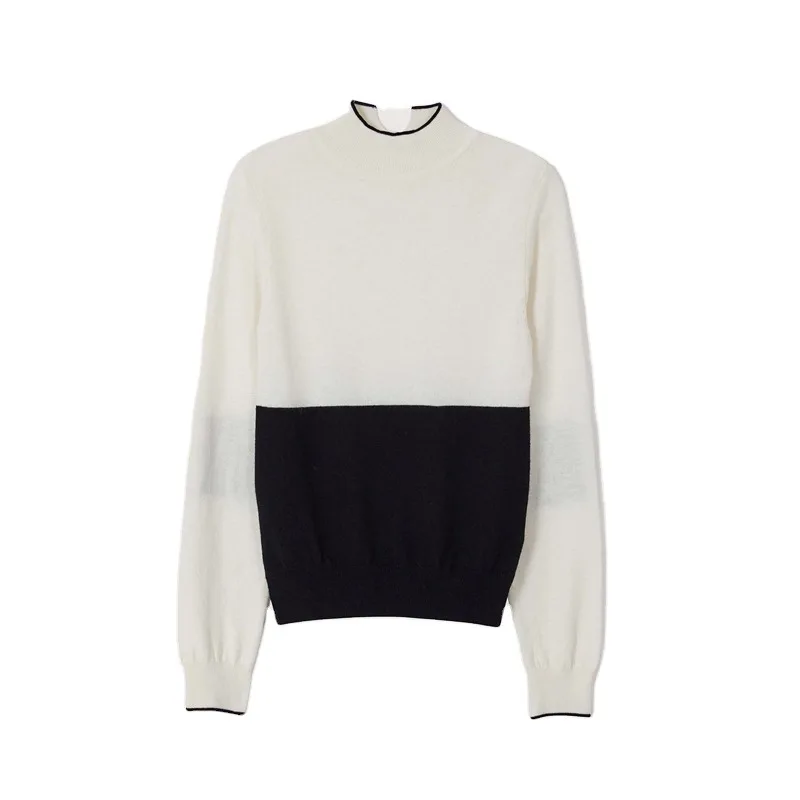 

Spring New 2021 Casual Temperament Pullover Sweater Half High Neck Long Sleeve Contrast Stitching Sweater Women