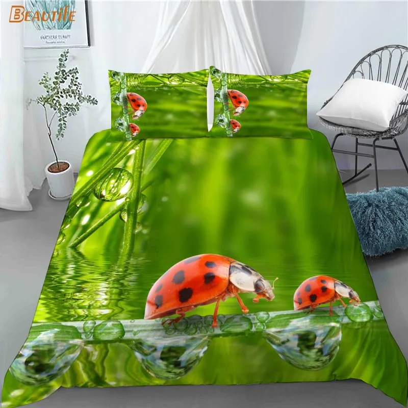 Funda n&oacute;rdica con estampado de mariquita y animales para ni&ntilde;os, juego de cama de tela de poli&eacute;ster con 2 fundas de almohada, 1009, gran oferta-1