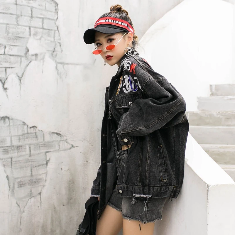 SexeMara модная новинка свободная джинсовая куртка с бусинами и надписями