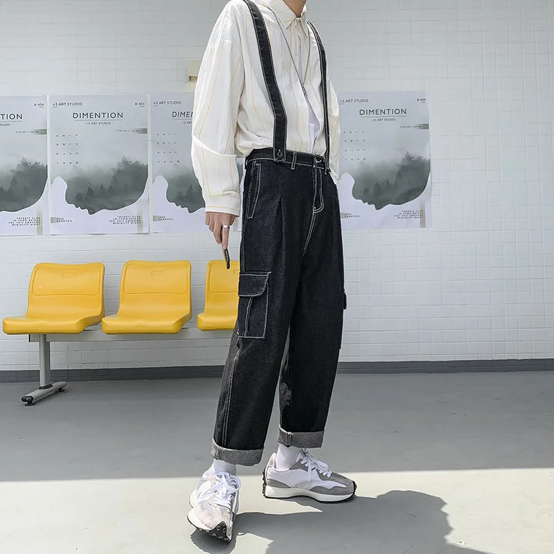 

Denim Cargo Pants Men's Korean Fashion Bib Pants Men's Loose Casual Straight-leg Jeans Men's Wide-leg Streetwear Denim Trousers