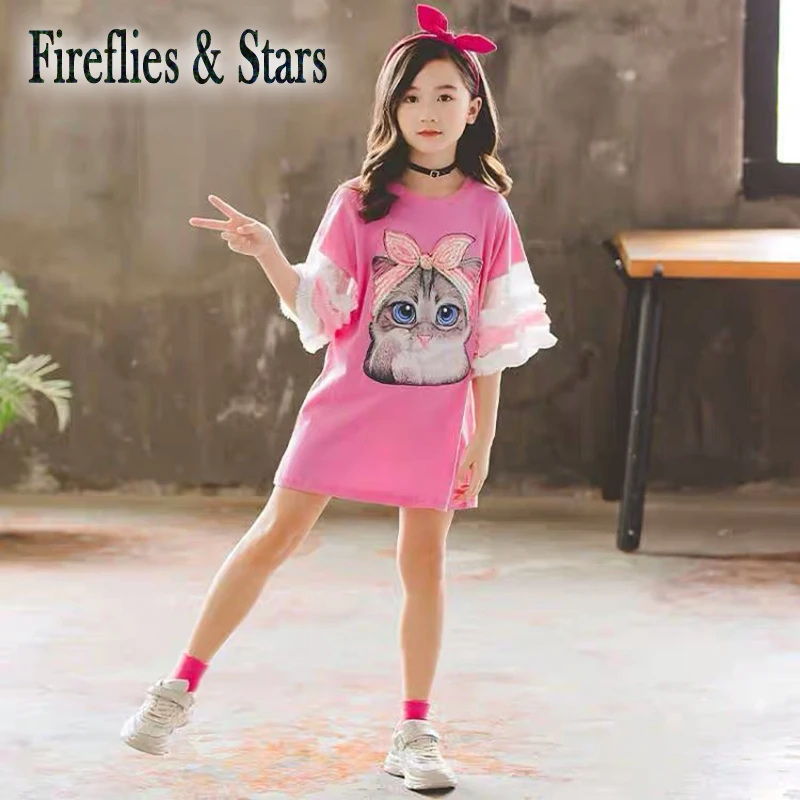 Летняя длинная футболка для девочек детская модная уличная одежда платья с